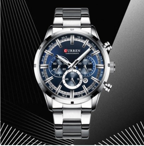 CURREN 8355 Montre Chronographe - Acier inoxydable - Homme - Bleu&Argent – Image 3