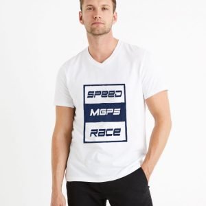 T-Shirt Pour Homme En Coton - Speed - Col V - Blanc