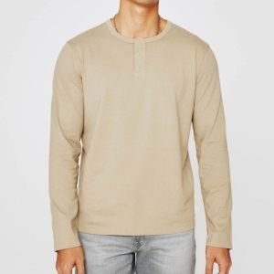 Pull Celio Dégriffé Avec Col Henley - En Coton - Beige