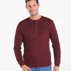 Pull Celio Dégriffé Avec Col Henley - En Coton - Bordeau