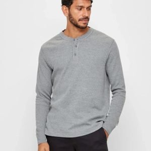 Pull Celio Dégriffé Avec Col Henley - En Coton - Gris