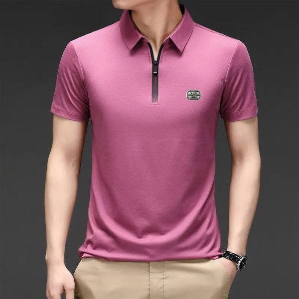Polo Zippé Décontracté à Manches Courtes - Coupe Slim - Mauve – Image 3