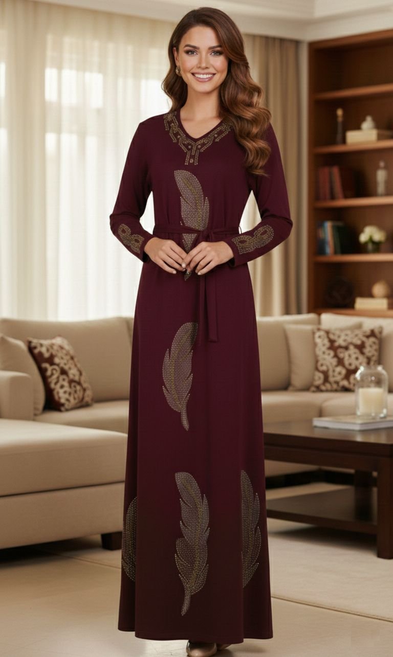 Robe Abaya en Cachemire Plume – Bordeau 3