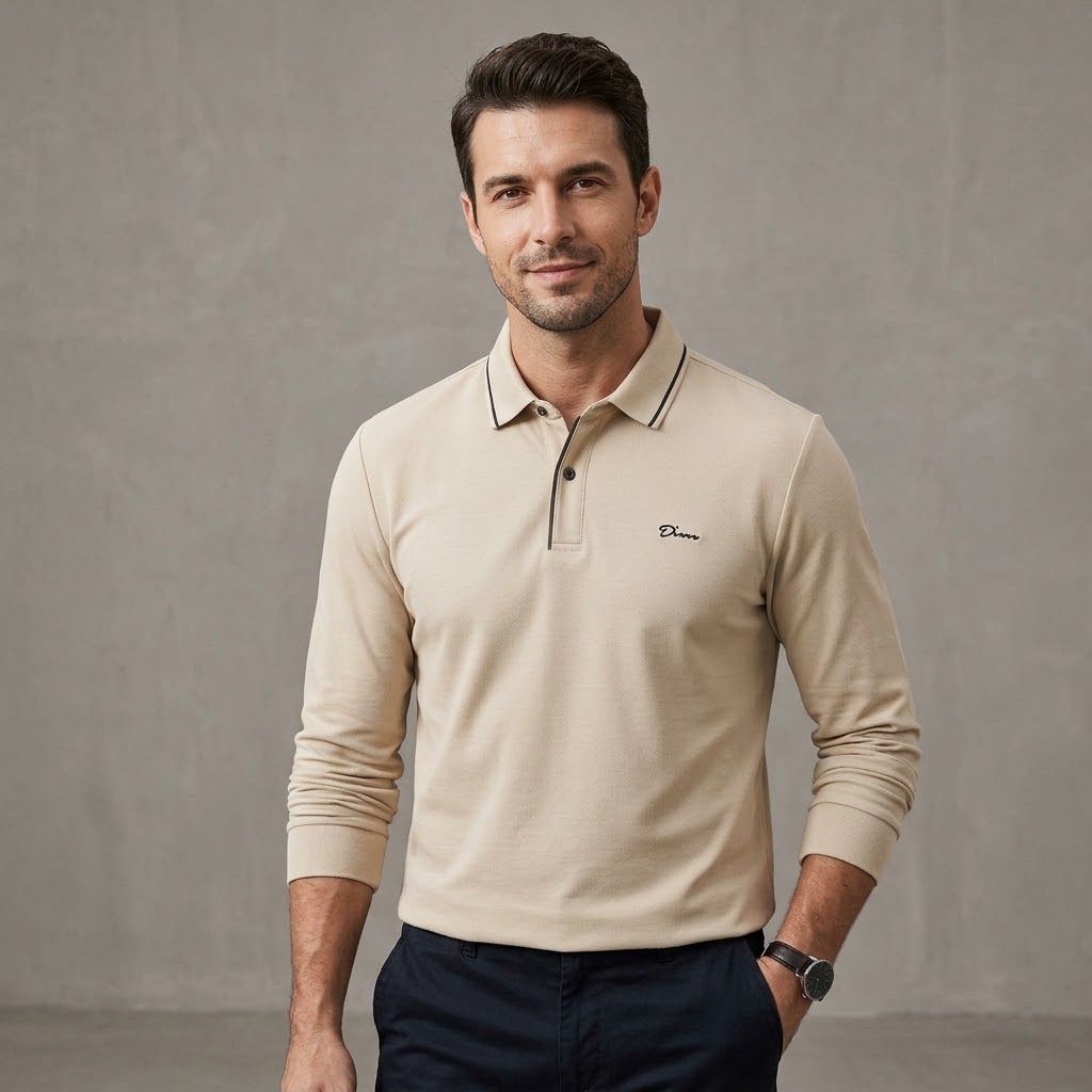 Polo Manche Longue Dinn - En Maille Texturée - Beige – Image 2