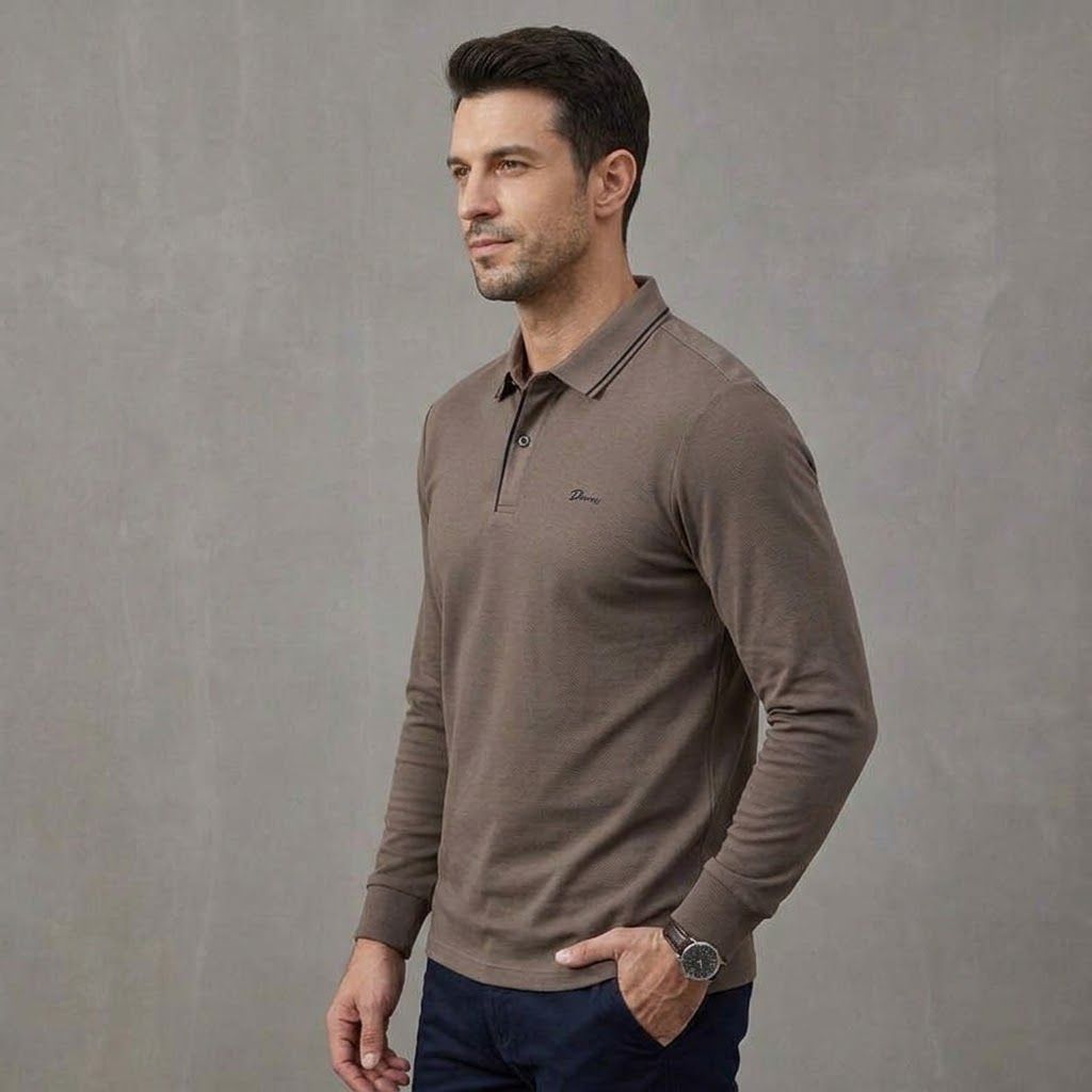 Polo Manche Longue Dinn - En Maille Texturée - Marron – Image 5