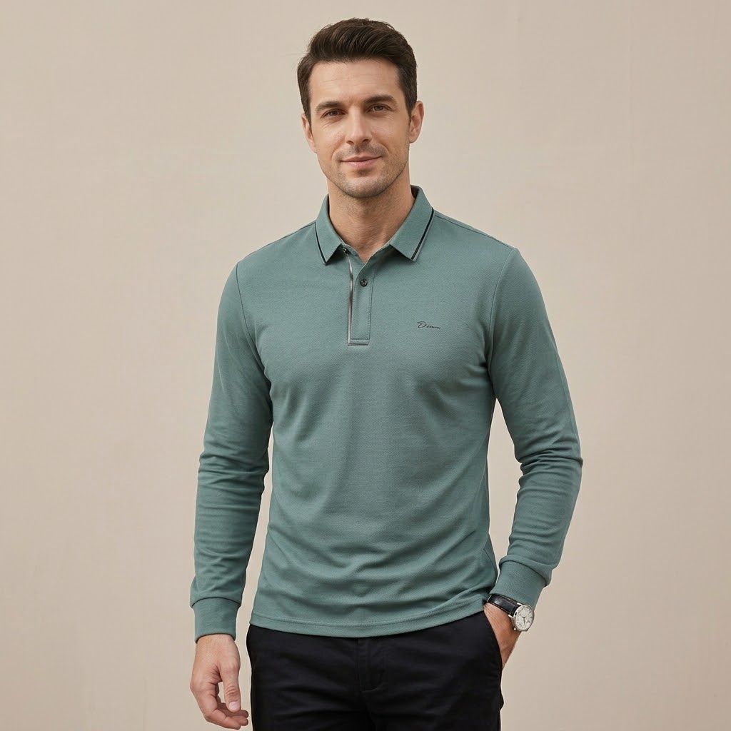 Polo Manche Longue Dinn - En Maille Texturée - Teal Blue