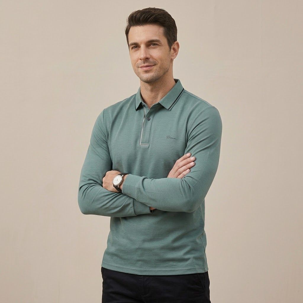 Polo Manche Longue Dinn - En Maille Texturée - Teal Blue – Image 7